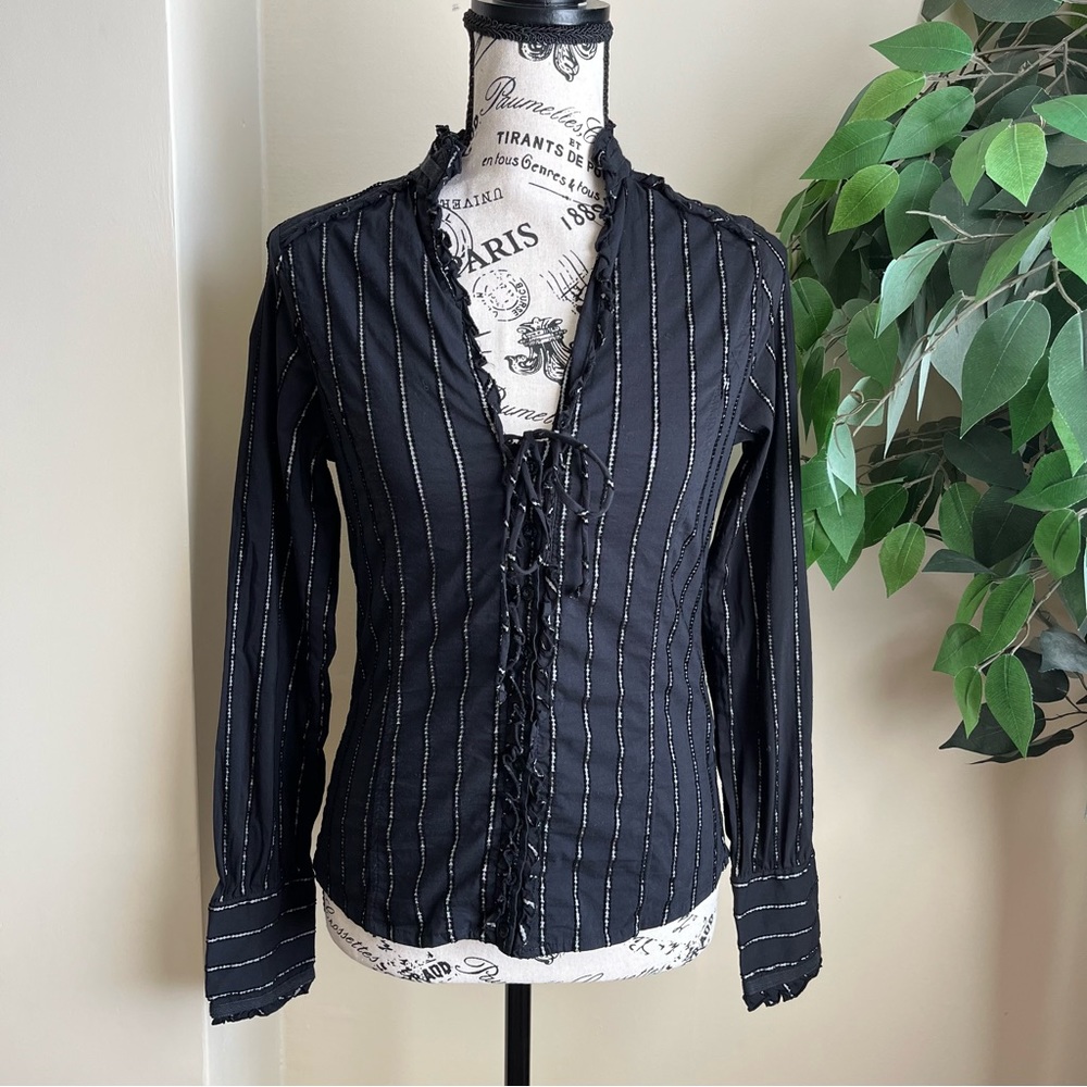 Zara Basic Stripe Tie-Front Button Down Top Black… - image 1